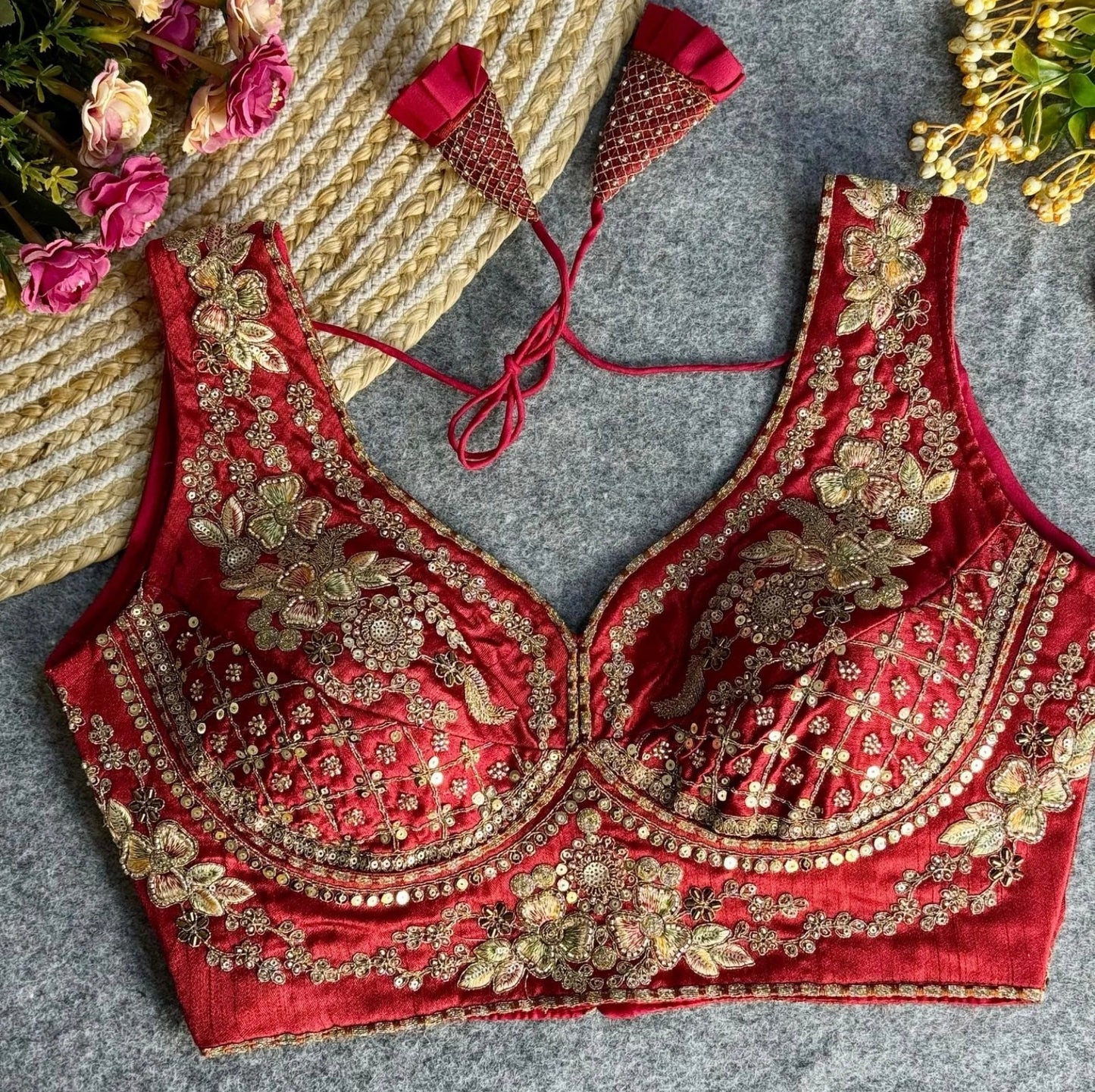 BEAUTIFUL HEAVY STARS & BEADS WORK SABYASACHI NECK BRIDAL BLOUSE