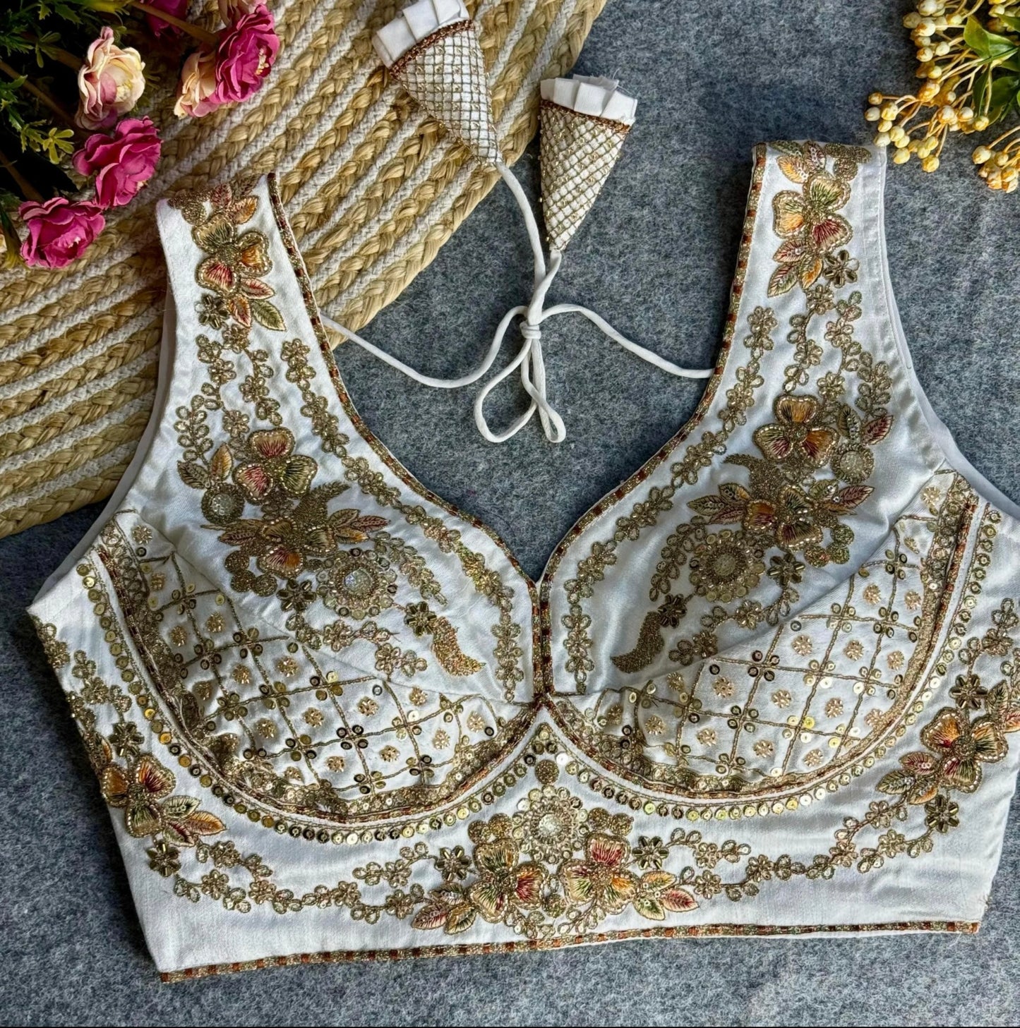 BEAUTIFUL HEAVY STARS & BEADS WORK SABYASACHI NECK BRIDAL BLOUSE